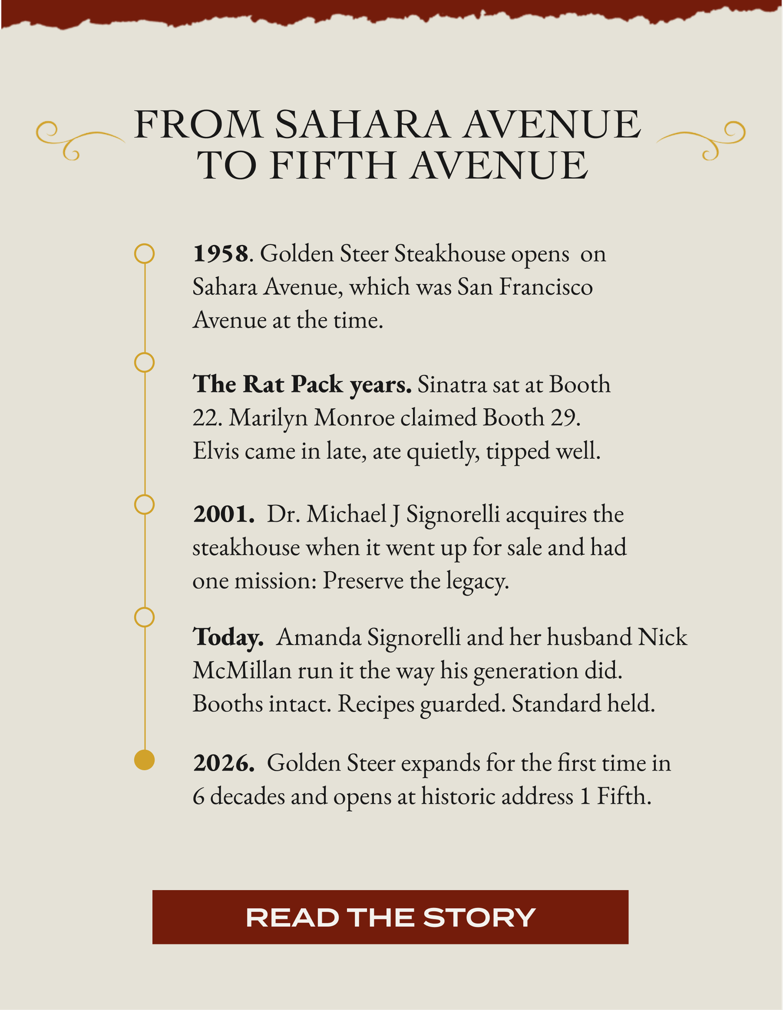 FROM SAHARA AVENUE TO FIFTH AVENUE 1958. Golden Steer Steakhouse opens on Sahara Avenue, which was San Francisco Avenue at the time. The Rat Pack years. Sinatra sat at Booth 22. Marilyn Monroe claimed Booth 29. Elvis came in late, ate quietly, tipped well. 2001. Dr. Michael J Signorelli acquires the steakhouse when it went up for sale and had one mission: Preserve the legacy. Today. Amanda Signorelli and her husband Nick McMillan run it the way his generation did. Booths intact. Recipes guarded. Standard held. 2026. Golden Steer expands for the first time in 6 decades and opens at historic address 1 Fifth. [READ THE STORY]