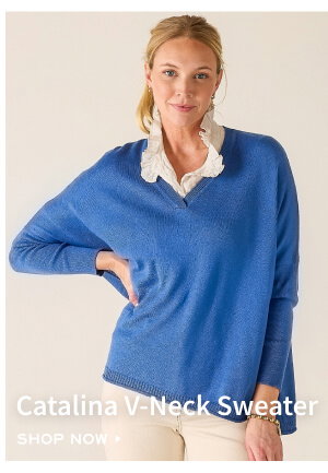 Catalina V-neck Sweater - Shop now - Image of a woman wearing a blue v-neck sweater.