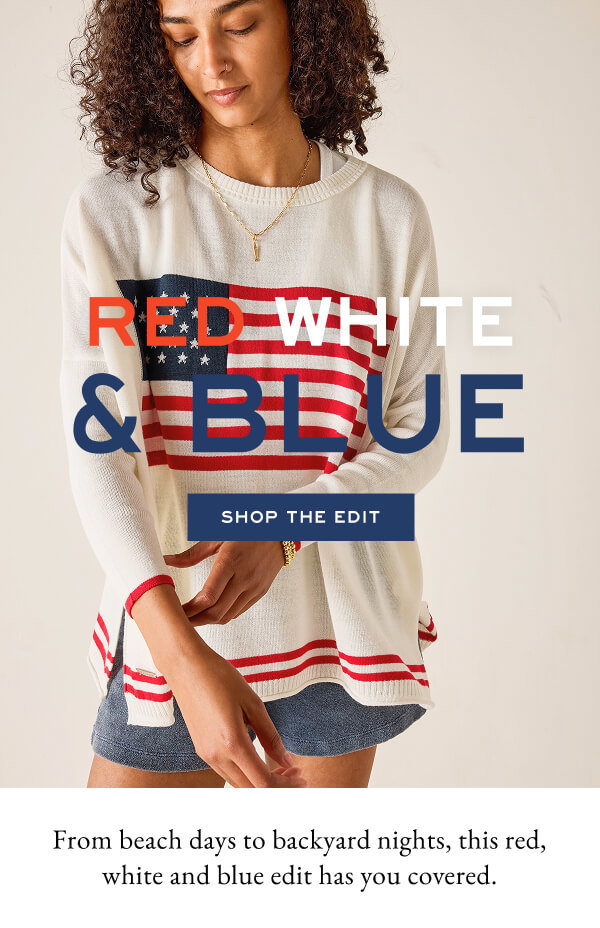 Red, White, & Blue - Shop the Edit - From beach days to backyard nights, this red, white and blue edit has you covered. - Image of a woman wearing an American flag sweater.
