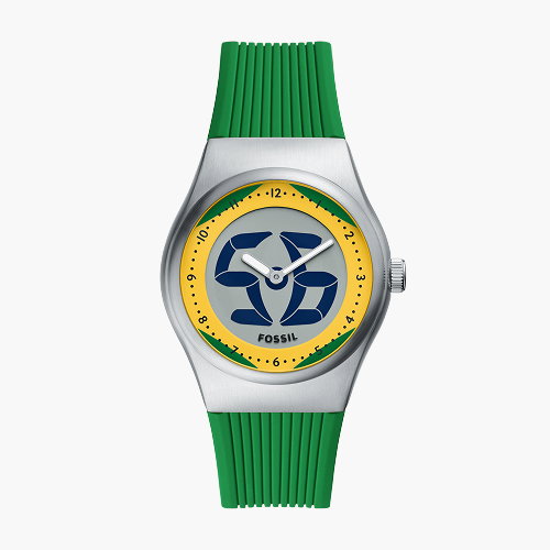 Fossil Men's World Flags Big Tic Brazil Multicolour Dial Green Silicone Strap Watch