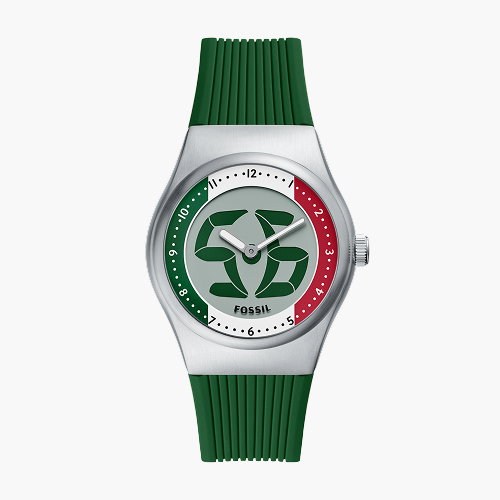 Fossil Men's World Flags Big Tic Mexico And Italy Multicolour Dial Green Silicone Strap Watch