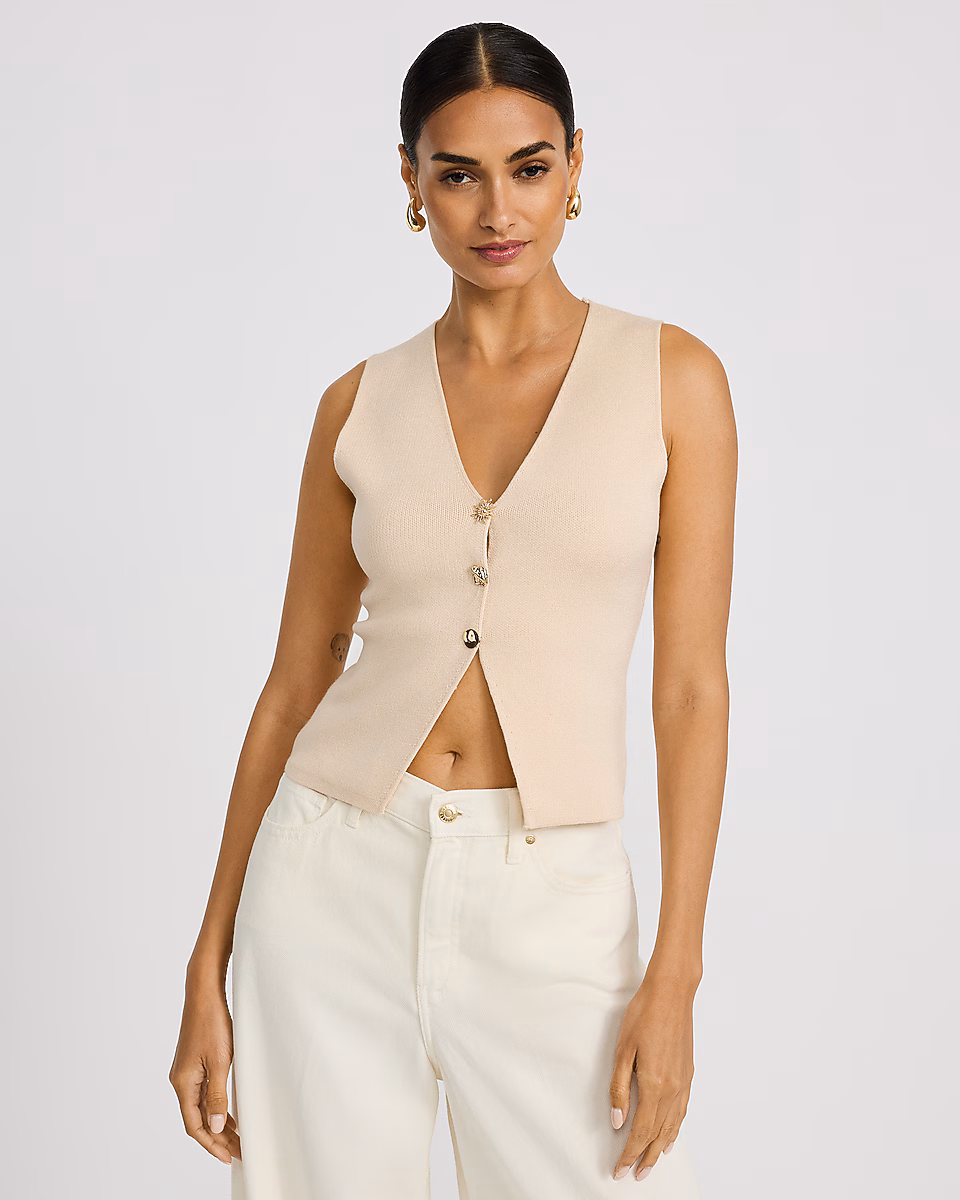 Ribbed V-Neck Gold Button Front Cutaway Sweater Vest