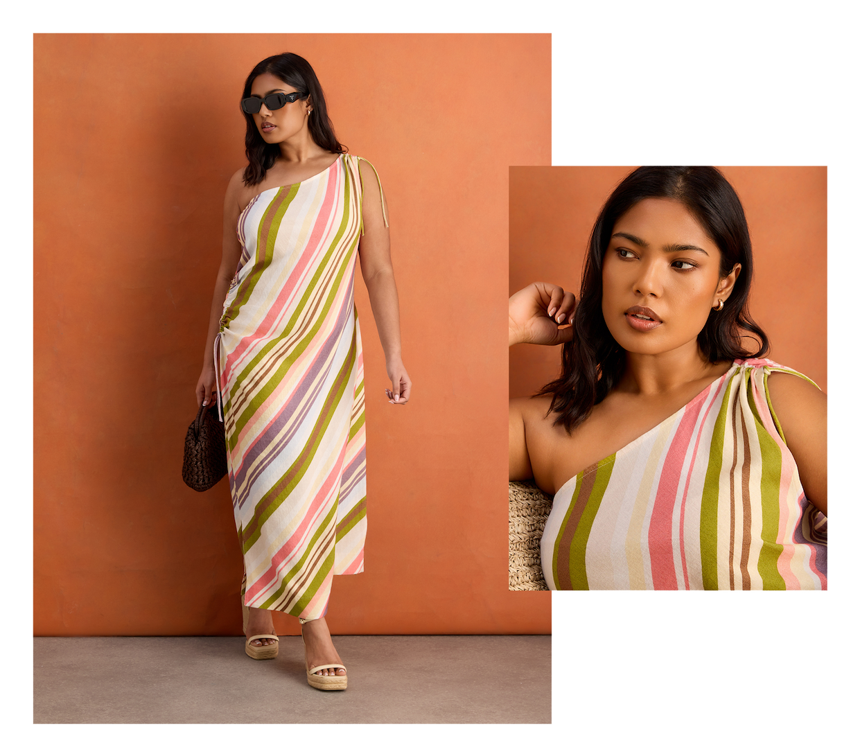 Multi Stripe One Shoulder Linen Blend Midaxi Dress