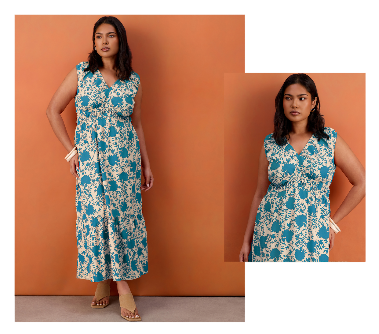 Blue Floral Print Cotton V Neck Ruched Maxi Dress