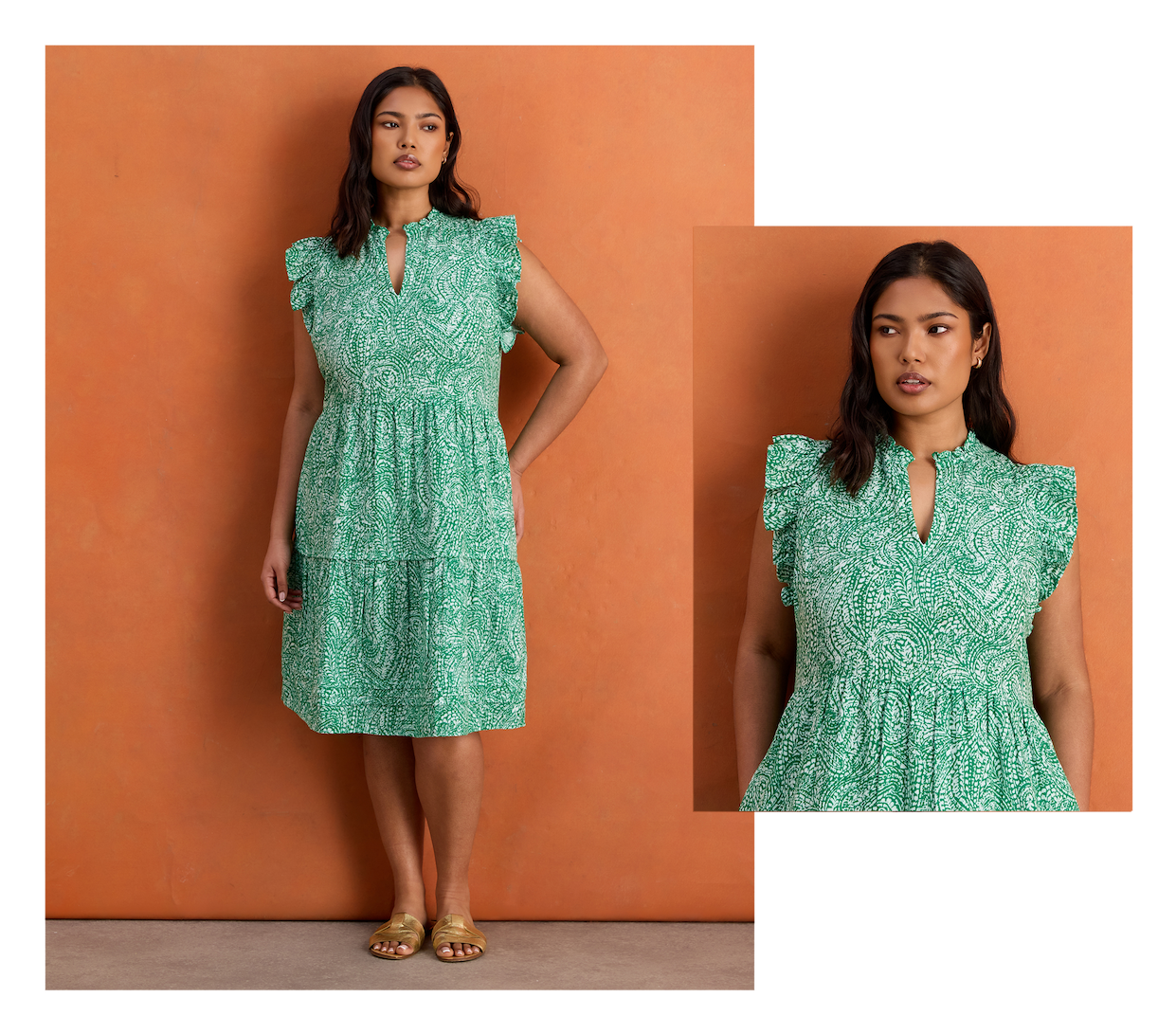 Green Print Cheesecloth Pintuck Knee Length Dress