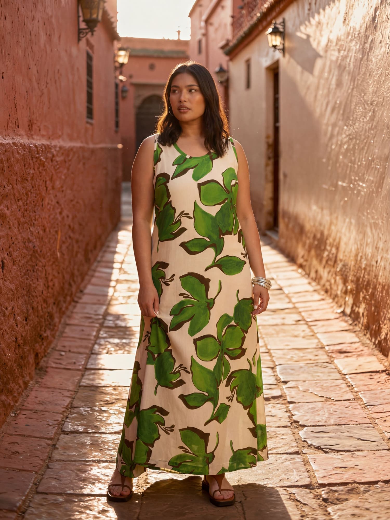 Green Floral Print Scoop Neck Maxi Dress