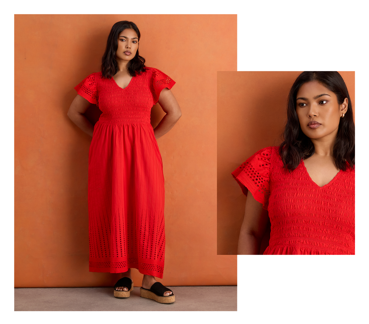 Red Shirred Broderie Cotton Midi Dress