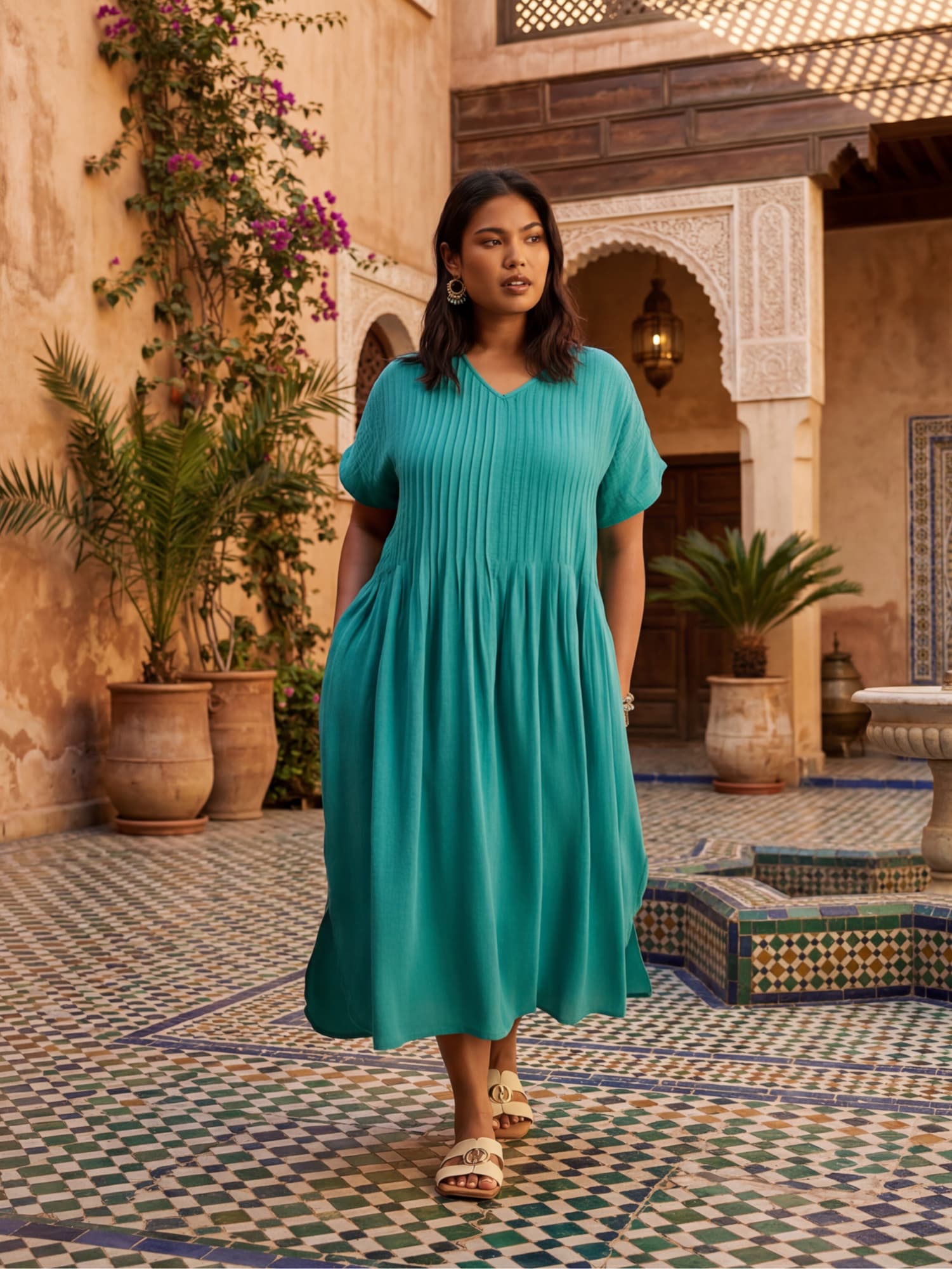 Teal Pleated Midi Dress