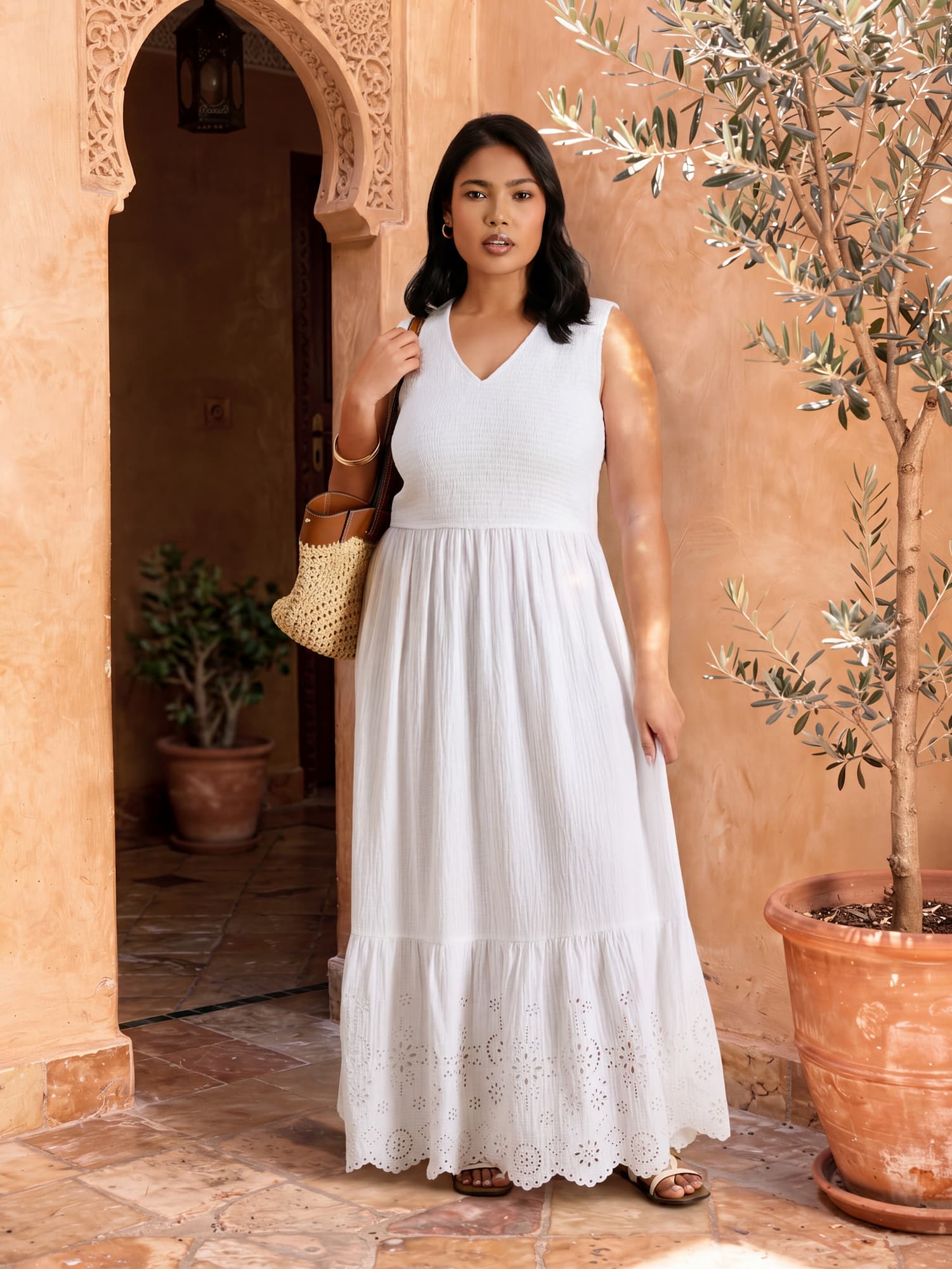 White Cheesecloth Shirred Bodice Broderie Hem Maxi Dress