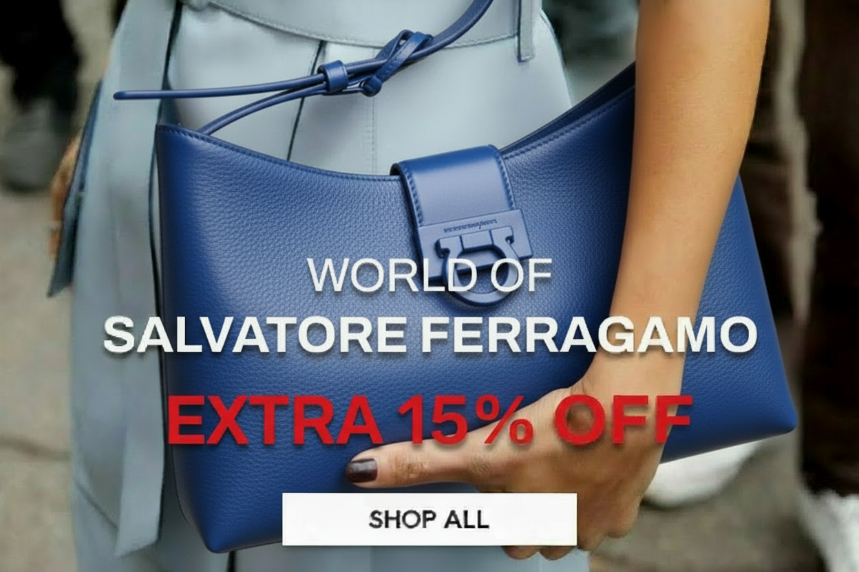 Salvatore Ferragamo ad with a blue handbag and "Extra 15% Off" text.
