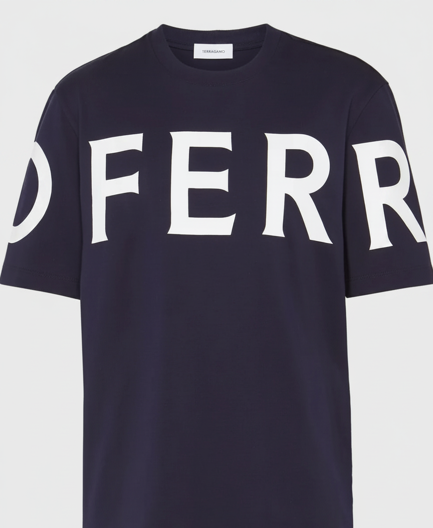 Navy t-shirt with white "OFFERR" graphic print and a small "TERRAGANO" label.