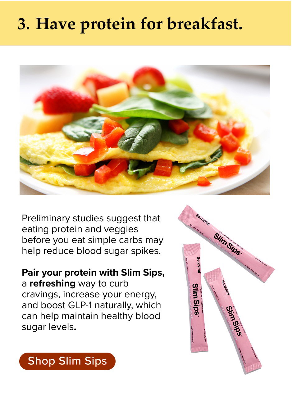 Have protein for breakfast. Preliminary studies suggest that eating protein and veggies before you eat simple carbs may help reduce blood sugar spikes. Pair your protein with Slim Sips, a refreshing way to curb cravings, increase your energy, and boost GLP-1 naturally, which can help maintain healthy blood sugar levels.