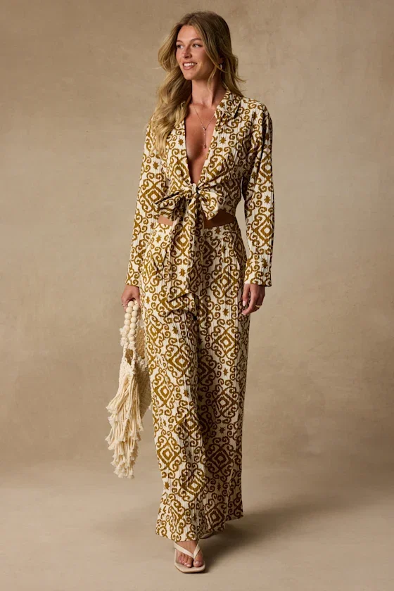 Image of Cove Ivory and Tan Boho Print Tie-Front Top