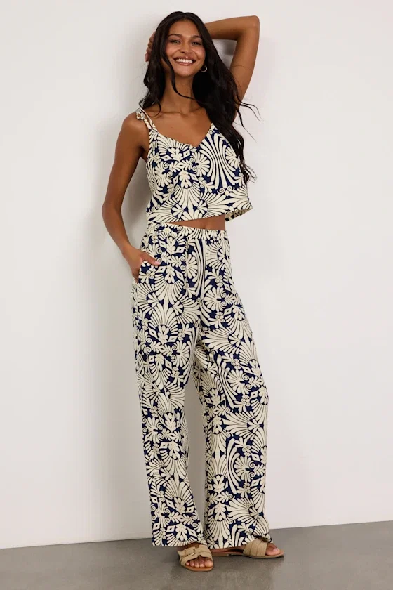 Image of Abril Navy and Ivory Boho Print Wide-Leg Pants