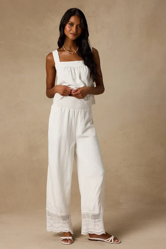 Image of Parisa White Cotton Crochet Lace Wide-Leg Pants