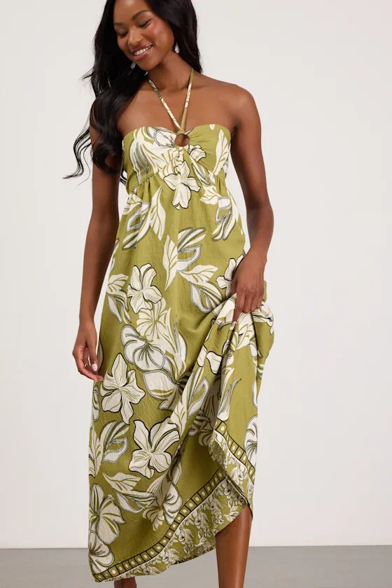 Image of Cheri Light Green Floral Halter Midi Dress