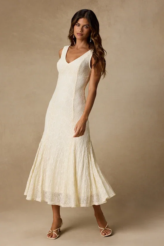Image of Effie Cream Lace V-Neck Midi Dress