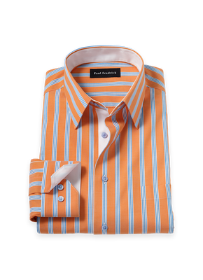 Comfort Stretch Non-Iron Stripe Dress Shirt With Contrast Trim - Melon/blue-Classic Fit / 16.5 / 35