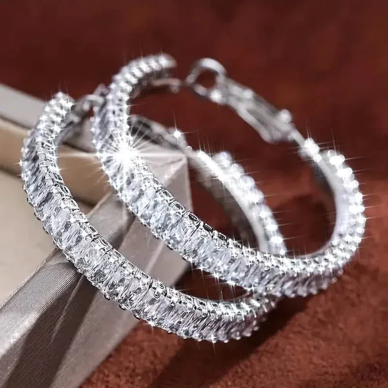 Image of Full Rectangular Shiny Synthetic Zirconia Decorative Hoop Earrings