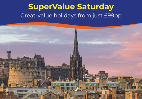 Scenic views of British landscapes, including castles, mountains, and a steam train.