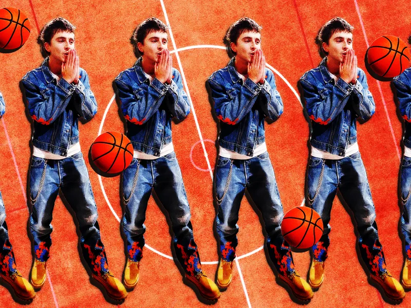 Image may contain: Timothée Chalamet, Timothée Chalamet, Clothing, Pants, Ball, Basketball, Basketball (Ball), and Sport