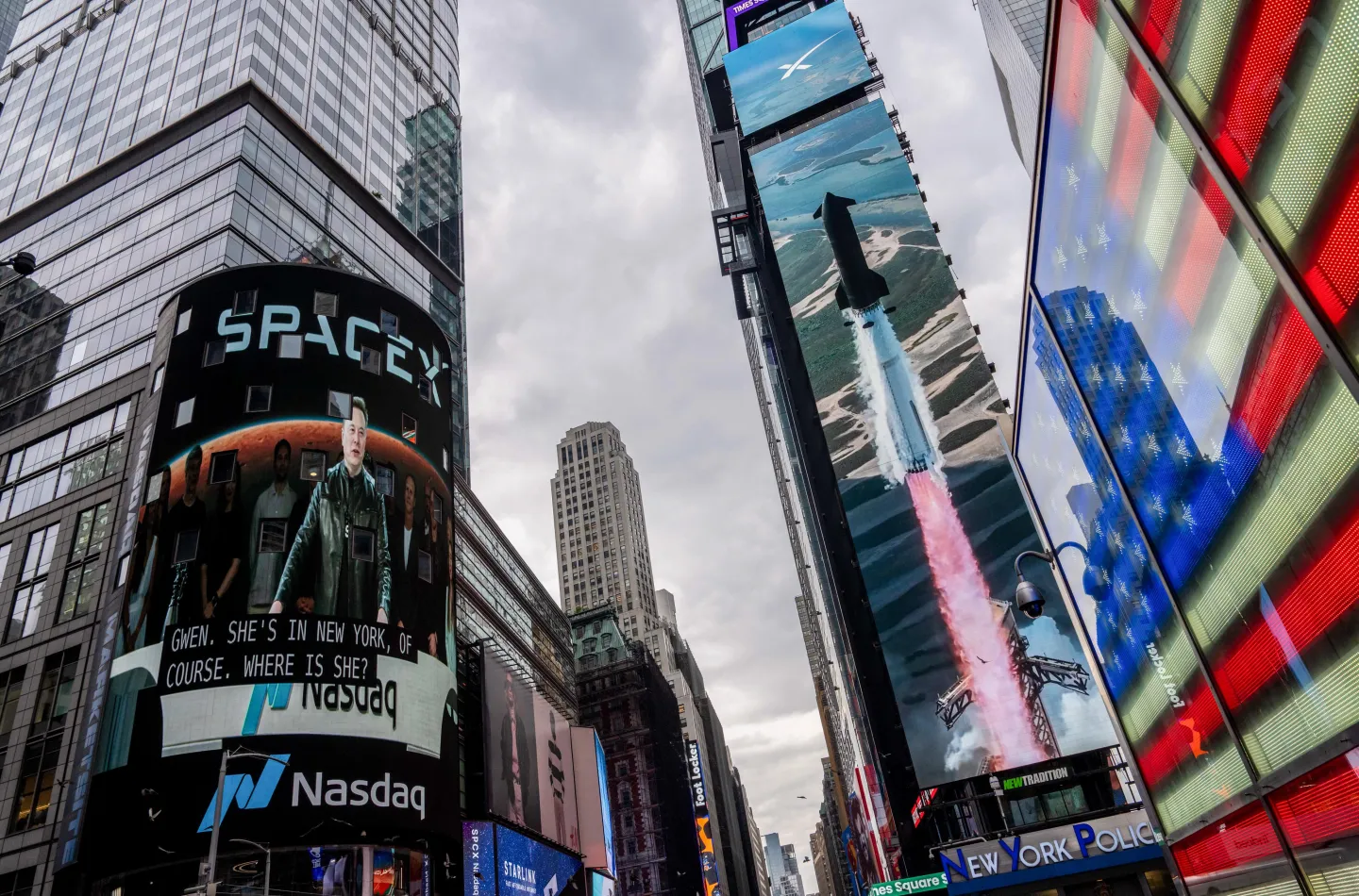 A billboard of SpaceX is pictured | Adam Gray/Bloomberg