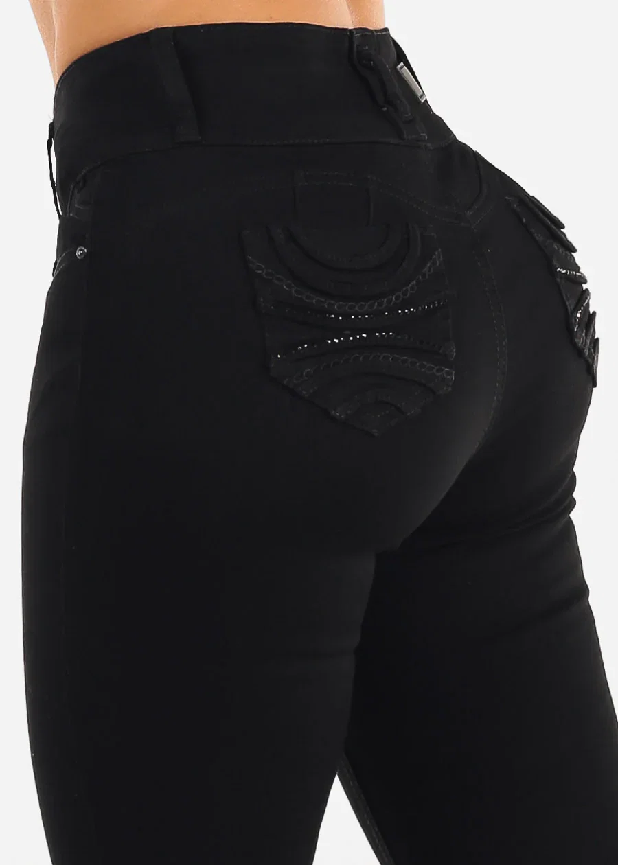 Image of Butt Lift Mid Rise Chain Pocket Black Skinny Jeans