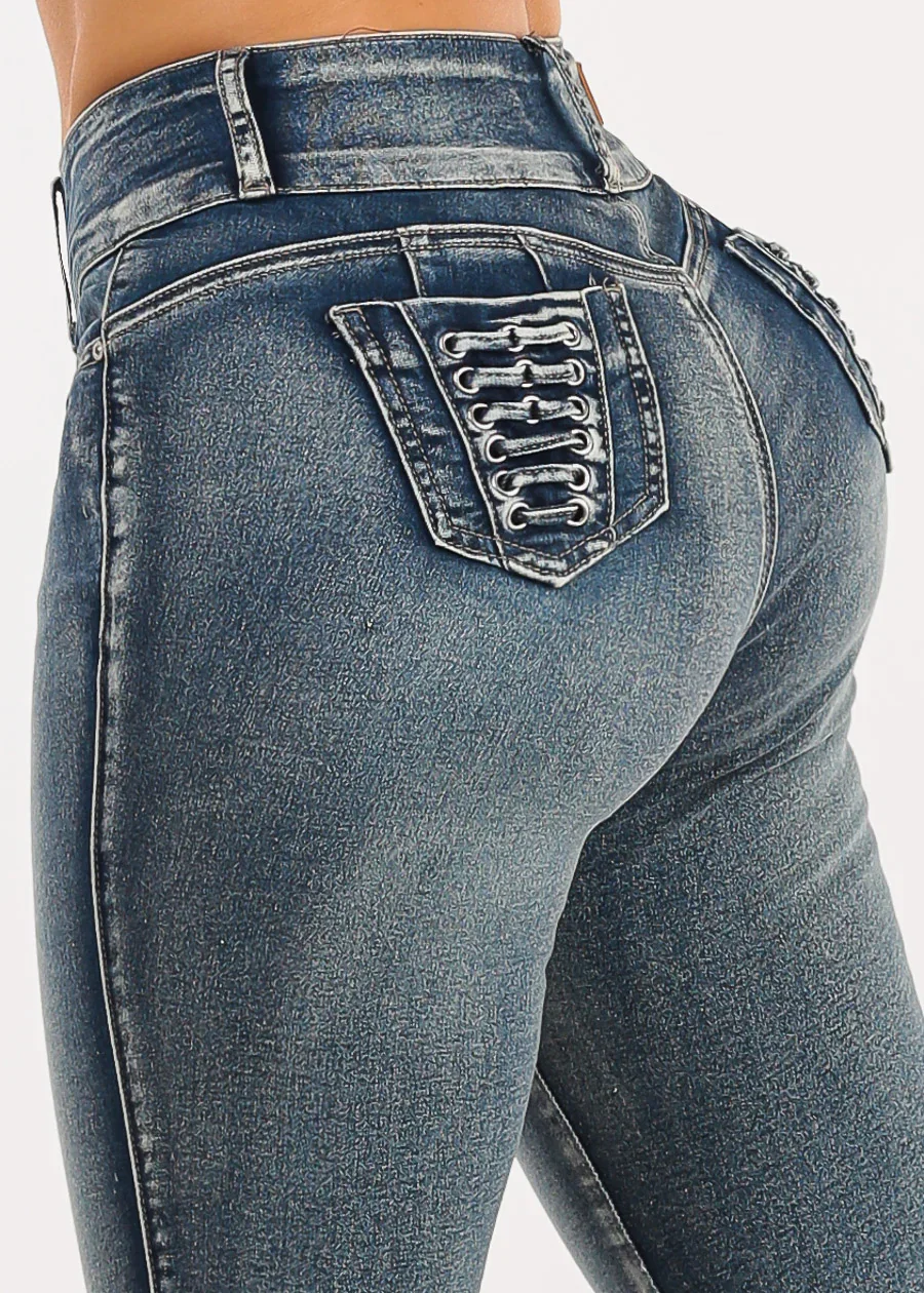 Image of Butt Lift Mid Rise Stretch Skinny Jeans Acid Wash