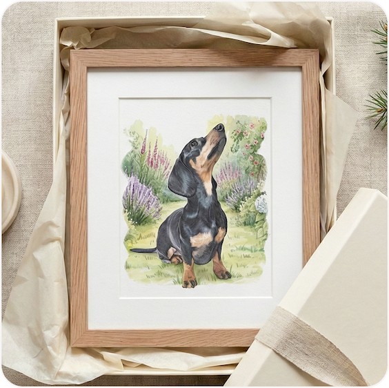 A framed watercolour illustration of a dog displayed on a linen background