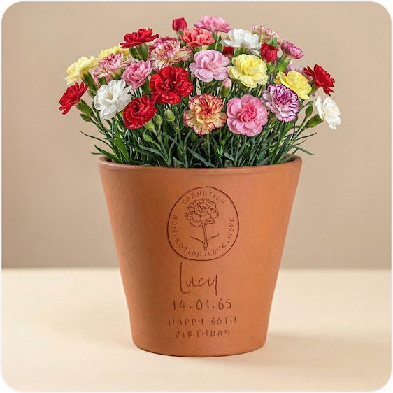 An engraved terracotta pot with a colourful flower plant, personalised with a birth flower design