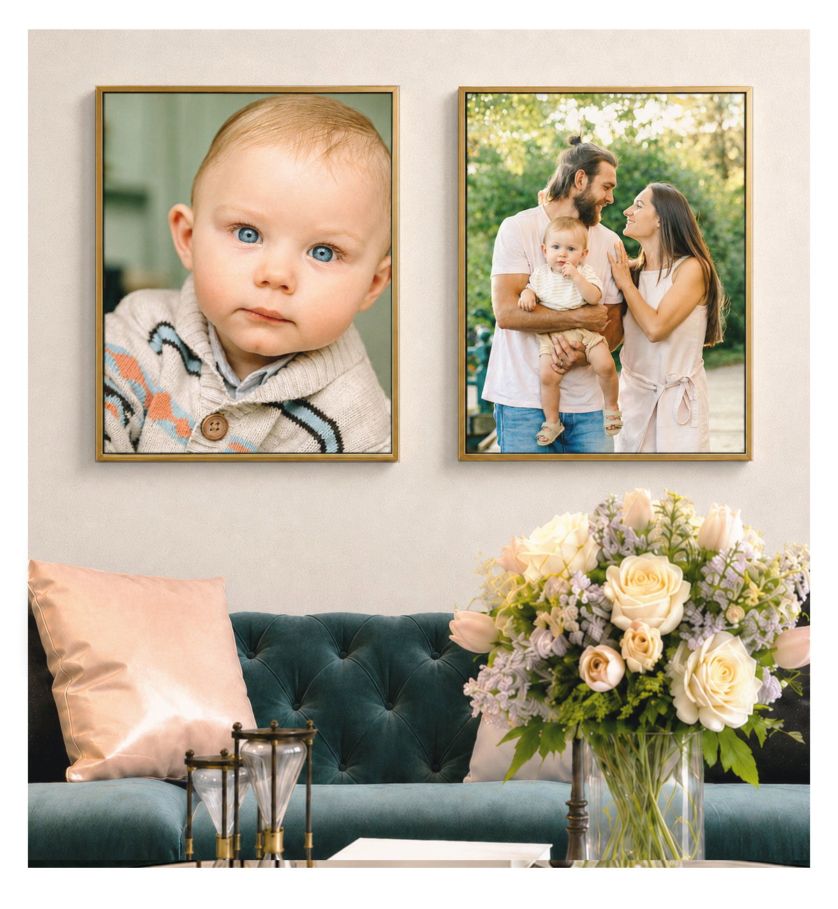 Gold-framed canvas prints featuring a baby portrait and outdoor family photo displayed above a teal sofa with flowers and soft home decor.