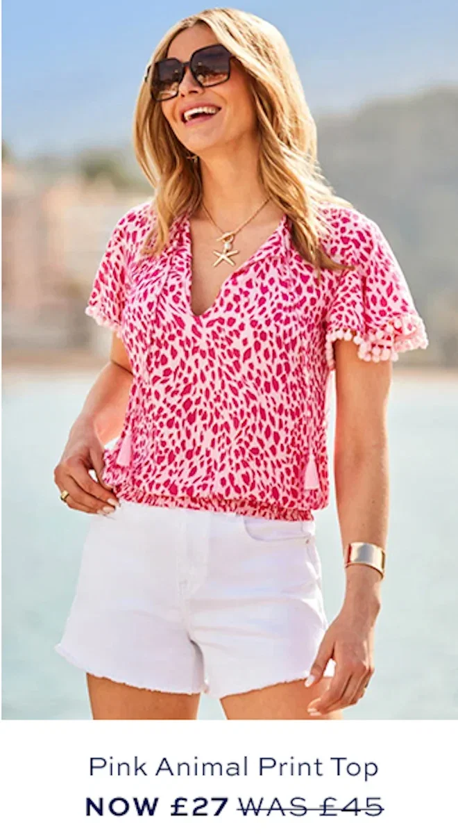 Pink & White Animal Print Pom Pom Top