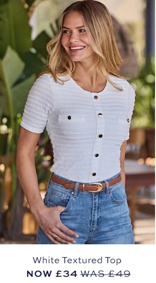 White Textured Button Front Top
