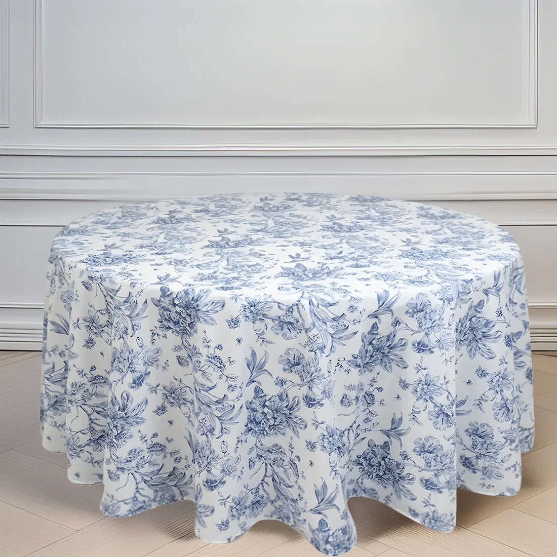 Polyester Round Tablecloth 120 Inch Blue French Toile
