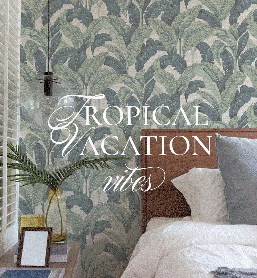Gif image showing various Tempaper tropical print wallpapers with text overlay "Tropical Vacation vibes"