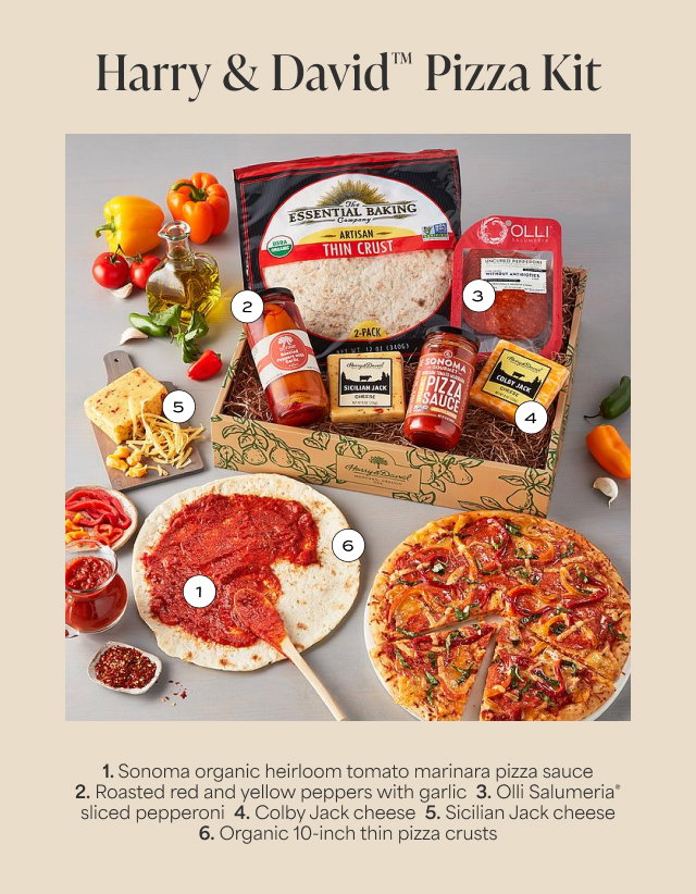 Harry & David Pizza Kit - 1. Sonoma organic heirloom tomato marinara pizza sauce 2. Roasted red and yellow peppers with garlic 3. Olli Salumeria sliced pepperoni 4. Colby Jack cheese 5. Sicilian Jack cheese 6. 2 organic 10-inch thin pizza crusts 