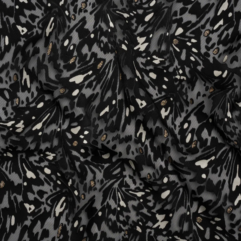 Image of Satin-Faced Burnout Jacquard with Gold Glitter - Black and White Abstract - Designer Deadstock