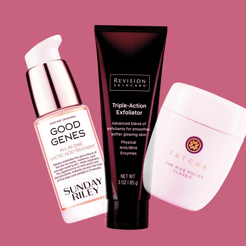 Image contains a collage of the best exfoliators for mature skin on a pink background
