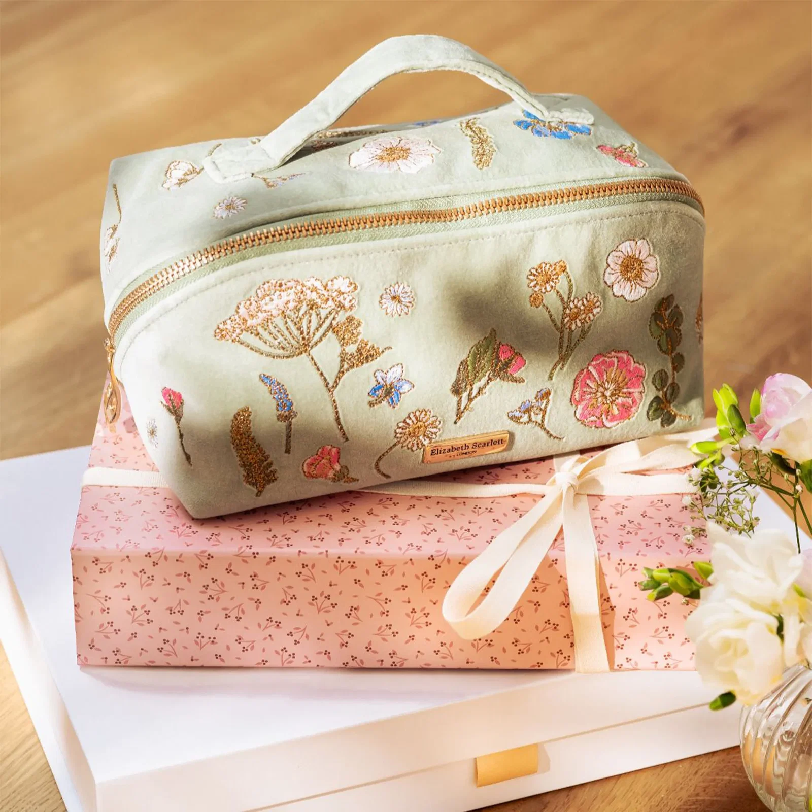 Image of Pressed Flowers Sage Open Flat Makeup Bag