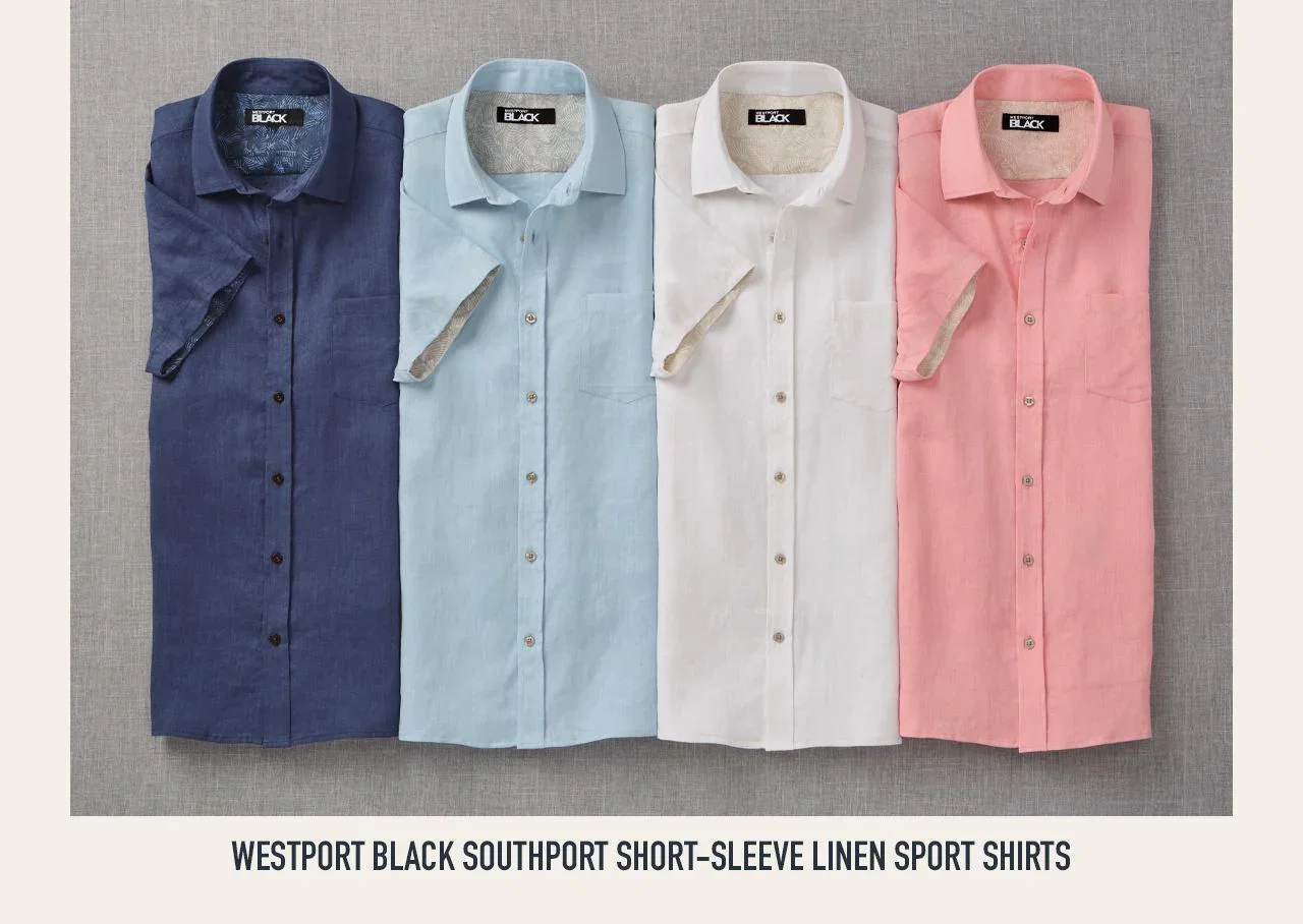 Westport Black Southport Short-Sleeve Linen Sport Shirts in navy, blue, white, and pink with caption label.
