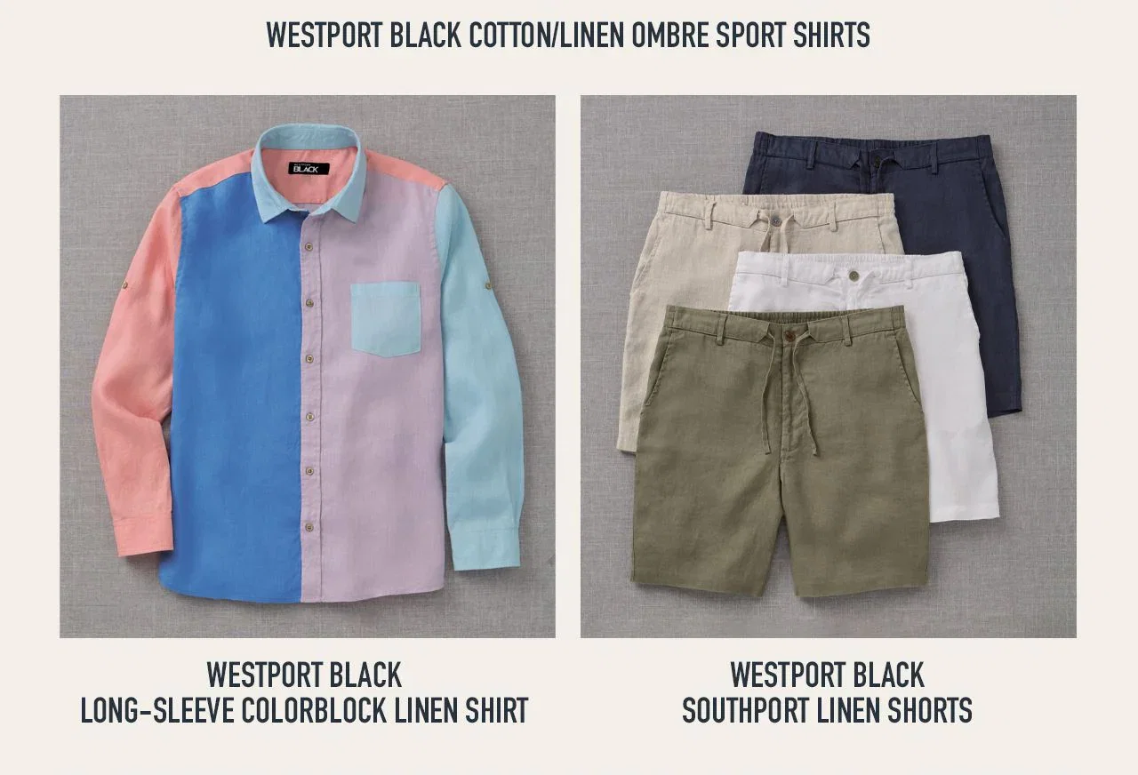 Colorblock Linen Shirt (left) and Southport Linen Shorts (right) with product labels.