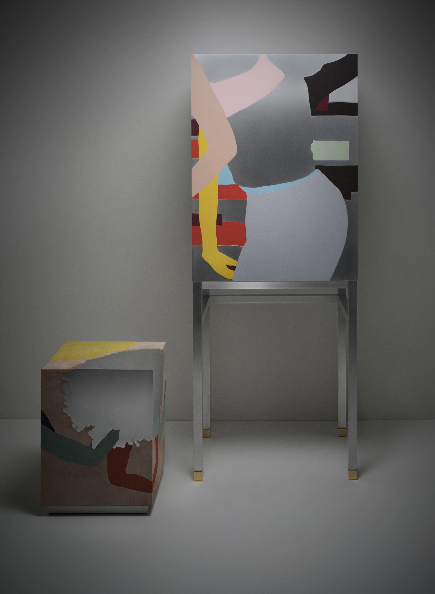 Side table and chair featuring Gary Hume artwork