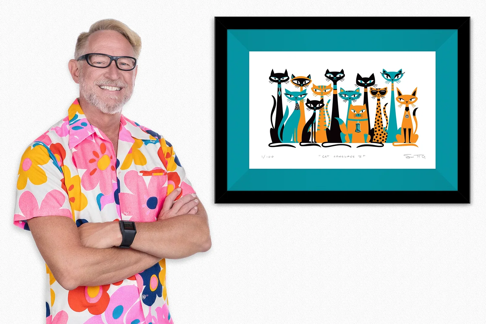 Image of "Cat Conclave I" Fine Art Print | Orange & Turquoise Edition
