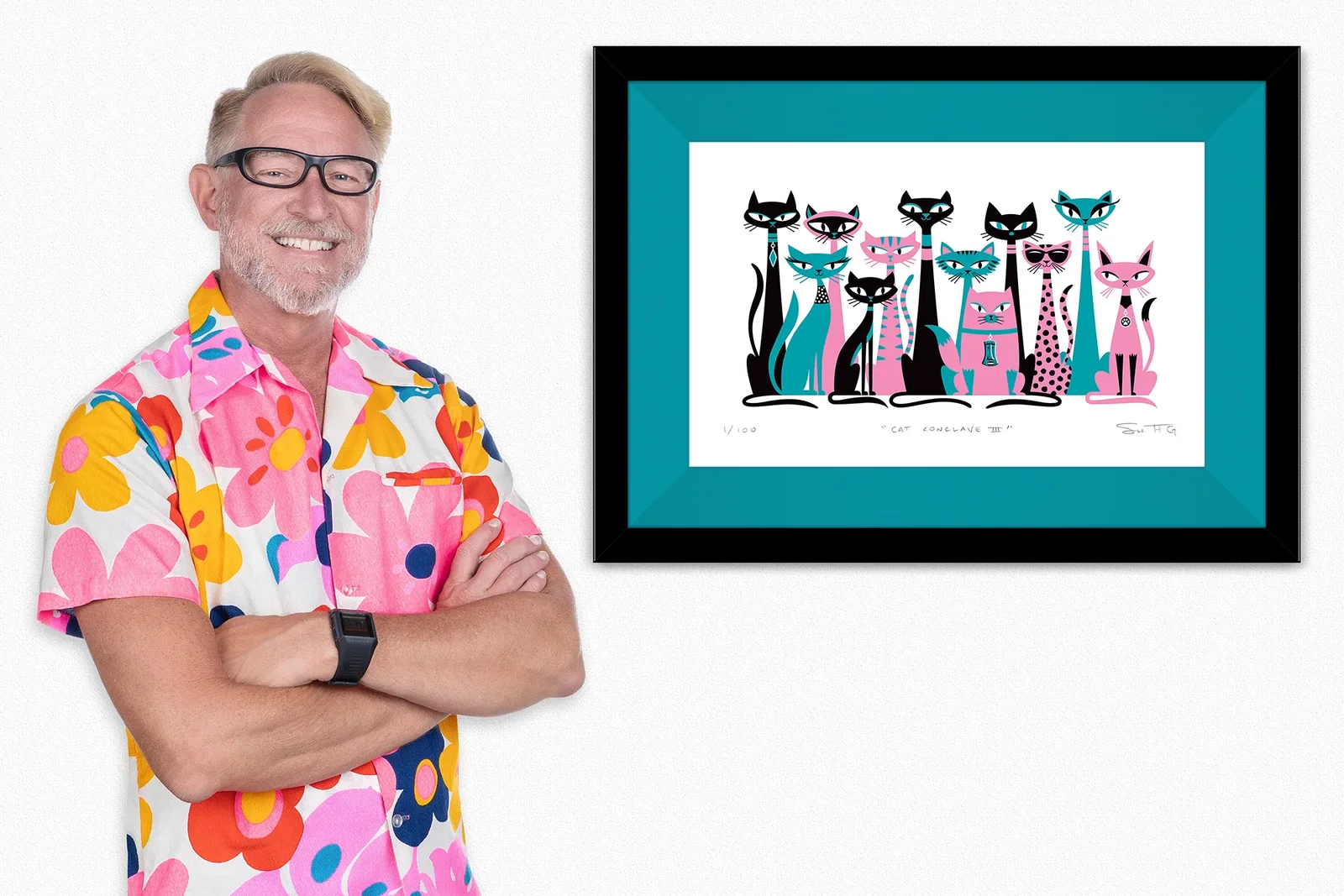 Image of "Cat Conclave III" Fine Art Print | Pink & Turquoise Edition