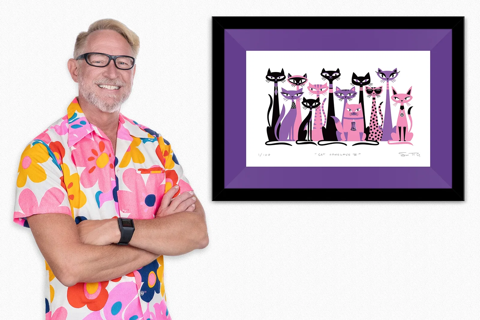 Image of "Cat Conclave II" Fine Art Print | Pink & Purple Edition