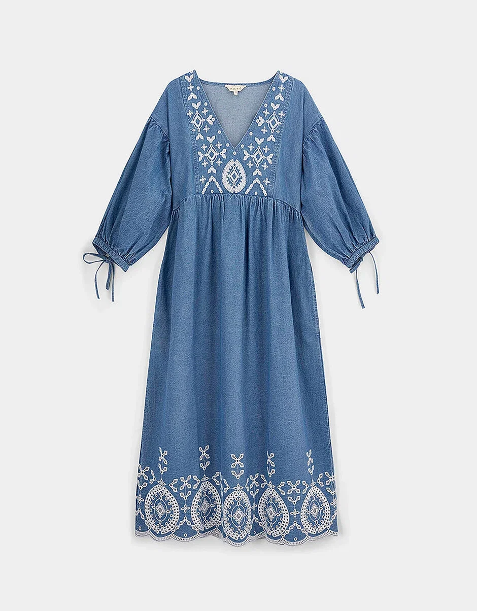 Coralie Denim Broderie Detailed Dress