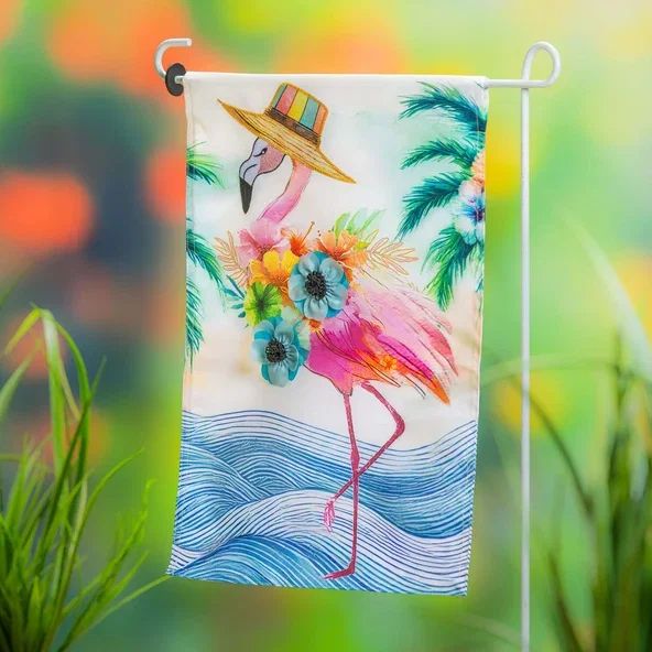 Tropical Oasis Floral Flamingo Applique Garden Flag