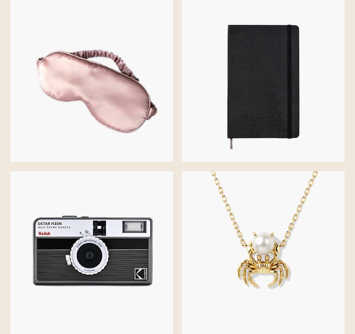 Four-panel gift guide featuring a sleep mask, a notebook, a camera, and a Mejuri gold crab pendant necklace with a freshwater pearl.