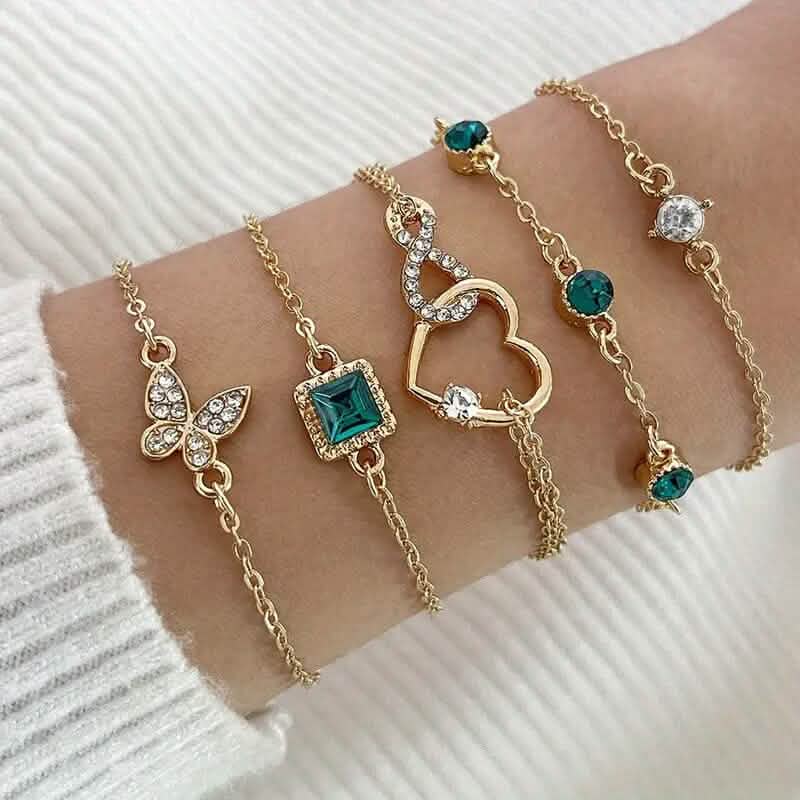 Image of 5-Pieces: Love Full Throw Diamond Shining Infinite Symbol Geometry Green Rhinestone Bracelet Set
