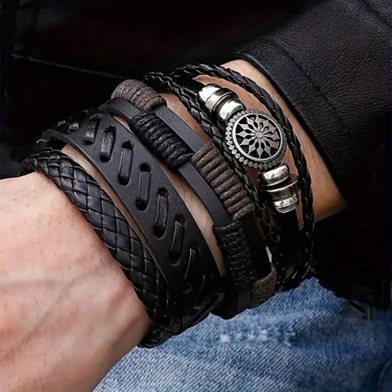 Image of 4-Piece Set: Exquisite Vintage-Style PU Leather Woven Handmade Charm Bracelets for Men